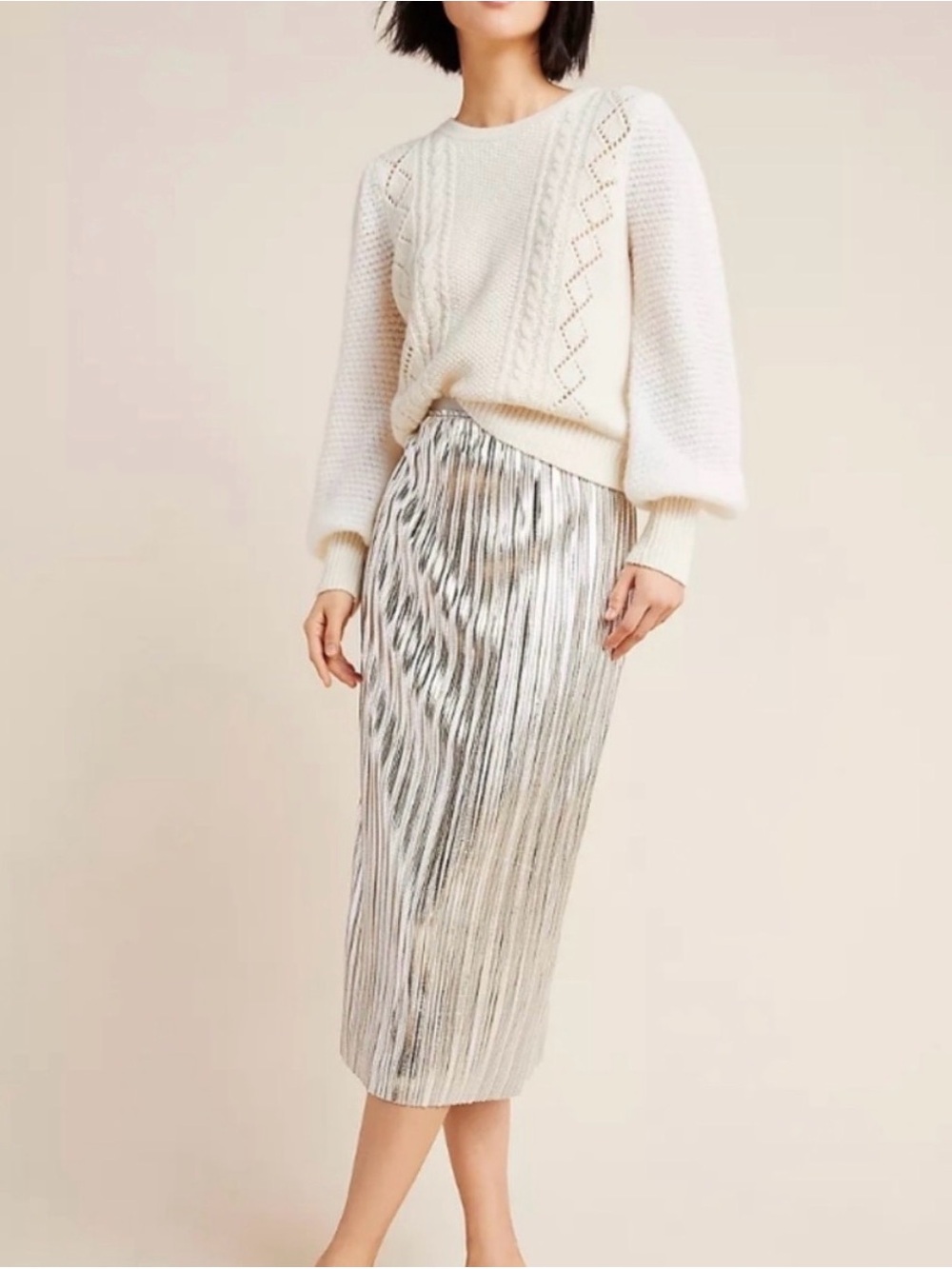 Maeve Nikola Metallic Silver Pleated Midi Skirt 2